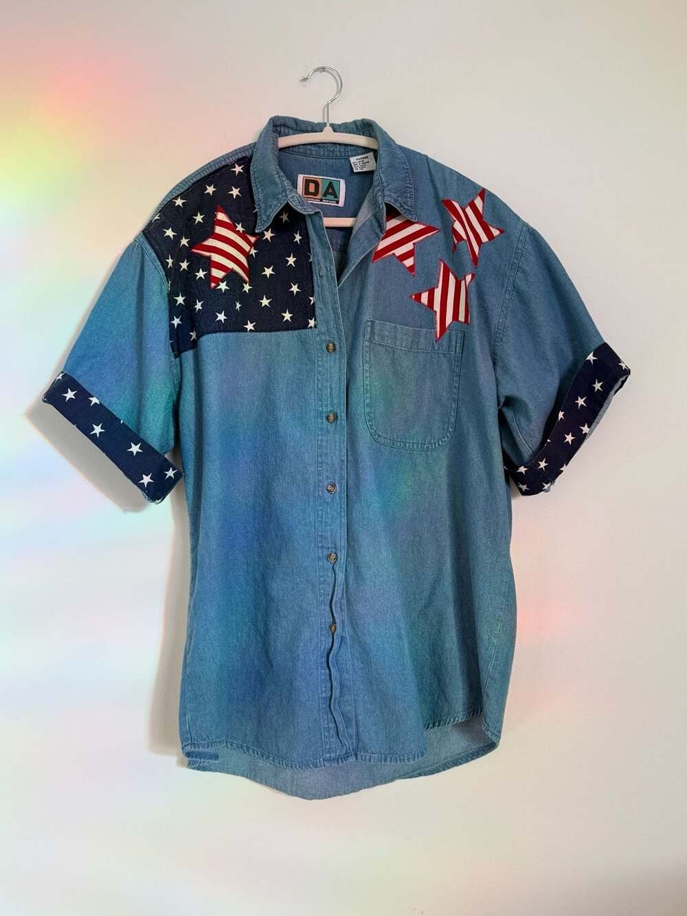 Dominion Apparel Denim Button Up Shirt Sz XL Patriotic Stars